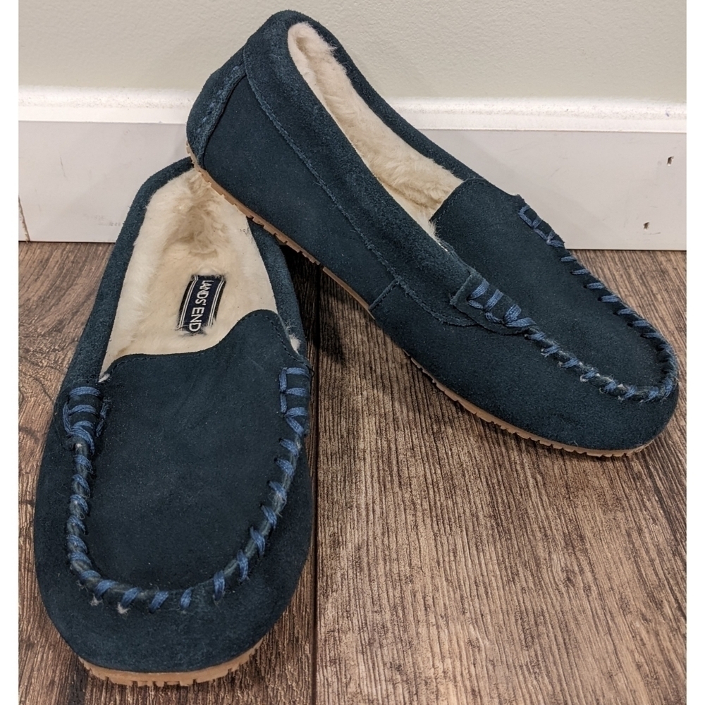 Lands' End Blue Suede Faux Fur Lined Slippers
